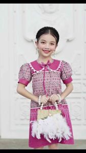 ชุดไทยประยุกต์เด็กผู้หญิง เดรสไทยผ้าฝ้าย ฝ้ายหวาน บัวลูกไม้ คอบัวแต่งขอบ #n