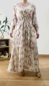 ●ECLAIRE● 003 Dress Maksi Maxi Lengan Terompet Vneck Motif Floral Flower Bunga Korea Pesta Kondangan Bohemia Feminim Vintage Import ilsib