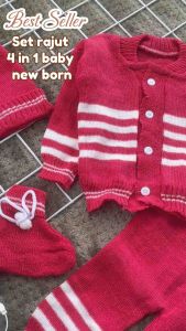 set sweater rajut 4 IN 1 new born baju celana topi sarung kaki bayi