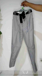 Fashion Wanita Celana Panjang Kotak-kotak Kecil Pita Bahan Tebal