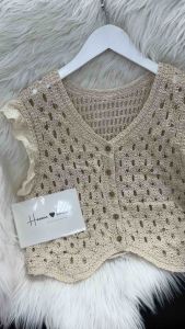 [Mới về]- Áo sơ mi len móc đi biển tay cánh tiên cổ V cài khuy dạng lỗ hàng QC