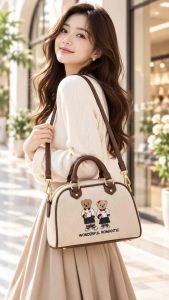Womens Bowling/boston Style Handbag |Canvas & Leather| Cute Bear Embroidery |w/Long Sling Strap