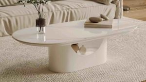 Bàn trà đơn Sofa phòng khách mặt đá và chân kim loại bầu dục có ngăn tủ bằng sắt sơn tĩnh điện sang trọng hiện đại