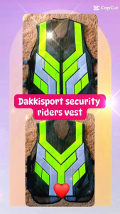 Dakkisport security riders vest with reflective stripes and orange blue accents.
