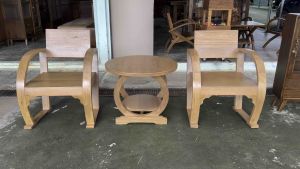 ชุดโต๊ะเก้าอี้ไม้สัก พร้อมโต๊ะกลม โต๊ะกาแฟ สีกัดขาว