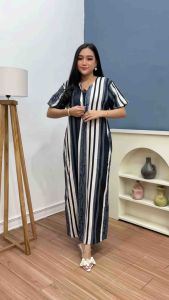 Promo Dress Panjang Semata Kaki Lengan Pendek Busui Friendly Motif Salur Dress Remaja Kekinian