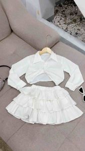 Bộ áo sơ mi trắng chân váy xếp ly ba tầng bé gái xinh xắn dễ thương cho bé đi chơi đi tiệc học nhảy size 7-35kg