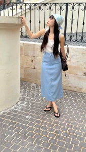 PLOWBRANDS - SK1010/02 Midi skirt ผ้าลินินแท้ S-2XL ผ่าด้านหลังสูง มีหูเข็มขัด ติดกระดุมหน้า รูดซิปหน้า กระเป๋าหลอก ใส่ซับในยาวทั้งตัว