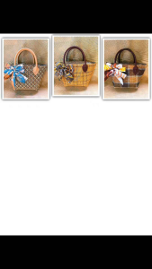 Handbags with bows and handles in various patterns and colors.
