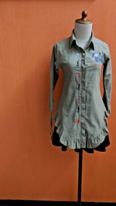 atasan kemeja wanita hijau XS S cewek anak perempuan 7 8 9 thn lengan serut