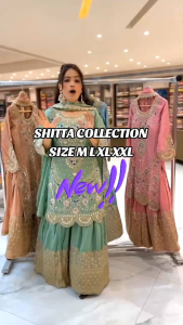 [ PRE-ORDER] 2025 JUN READYMADE GRAND BOLLYWOOD SUIT WITH SHARARA PANT WITH EMBROIDERY SEQUINS WORK SIZE M TO 2XL ( DELIVERY 10 WORKING DAYS) ETA: 2025 -12-30 | SHARARA PUNJABI SUIT| PUNJABI SUIT WOMEN SHARARA| PARTY WEAR SHARARA SET WITH DUPPATA |