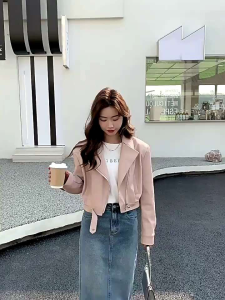 Jaket Kulit Wanita Rock N Roll Warna Pink dan Hitam