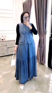 Setelan Fashion Set Rok Bahan Full Jeans Wash Premium Model Rompi Vest/Set Rok Jeans Wanuta Terbaru