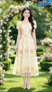 Đầm Ren Lưới Thêu Kim Sa Cao Cấp Cổ Vuông Tay Ngắn Dáng Xòe Thanh Lịch Sang Trọng