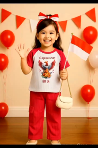 Setelan kemerdekaan anak perempuan 1-10 tahun bahan knit hornet celana cargo
