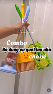 Bộ dụng cụ dọn dẹp cho bé bao gồm chổi hót rác cây lau nhà và máy hút bụi - rèn luyện kĩ năng sống cho bé