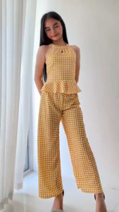 Girls Gingham Halter Peplum Top and Wide Leg Pants Set Kids 2-Piece Co-ord Outfit Korean Casual Matching Set for Girls 7–10 Years Old