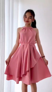 Kids Girls Halter High Low Dress Elegant Party Dress Casual Birthday Outfit (7-10 yrs old)