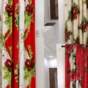 Christmas Door Curtain 84x58 inches printed with Christmas design. Red and white curtain with green and red floral pattern.