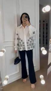 KEMEJA BORDIR BUNGA KECIL PREMIUM LENGAN PANJANG / KEMEJA OVERSIZE FASHION KOREA CORAK BUNGA 2XL HIJAB FRIENDLY