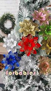 12Pcs 16CM Christmas Flowers with Gold Glitter 3 Layer Perfect for Xmas Tree & Christmas Decor