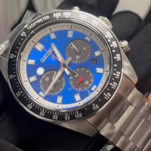 Seiko Speedtimer Solar Chronograph U.S. Special Edition Mens Watch Japan Blue Metal Strap 41.4mm (SSC931P1)