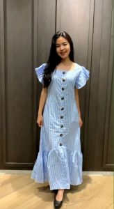 Stripe Mermaid Maxi Dress Cantik Kekinian Import Wanita Dewasa Korean Style Remaja Bahan Katun Salur