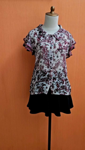 atasan kemeja wanita putih motif bunga ungu M cewek lengan pendek kerja kuliah