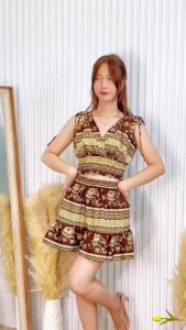 ส่งไว💥 ชุดเซ็ท เสื้อผูกไหล่+กระโปรงมินิ เนื้อผ้าไหมอิตาลี สาวอวบใส่ได้