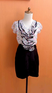 mini midi dress wanita putih polkadot hitam S M cewek lengan pendek kerja kuliah