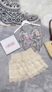 set bikini ren đi biển nữ 2 món thiết kế gồm 1 bra tua rua sắc màu mix quần sooc tầng giả váy