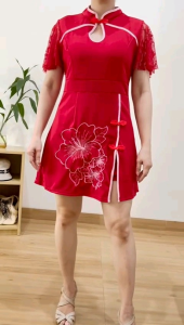 ●ECLAIRE● 003 Setelan Celana Scuba Lace Lengan Pendek Shortsleeves Motif Bunga Flower Cheongsam Imlek CNY Lunar Etnis Import osbb