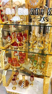 Tea Set Minum Cangkir Kaca Bening Mas Gold Hitam Berkilau Mewah