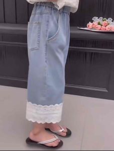 BabyKids Kids Girl Jeans Lace Panel Wide-leg Denim Long Pants 2-8 Years Seluar Jeans Budak Perempuan