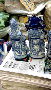 Bộ tượng gốm Phúc Lộc Thọ men lam 25cm