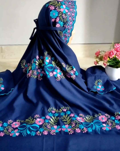 Grosir Mukena Termurah Fashion!! (COD) Mukena Terusan Dewasa Polino Warna Navy Bordir Bunga Alysum Indah Bahan Adem Murah Meriah
