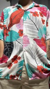 เสื้อฮาวาย ผ้าเรย่อน ระบายอากาศดี ลาย สีขาวลายใบไม้