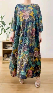 ECLAIRE 003 Dress Maksi Maxi Loose Lengan 3per4 Jumbo Bigsize Oversize Motif Bunga Flower Floral Import laooz