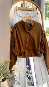 ●ECLAIRE● 043 Kemeja Crop Wanita Lengan Panjang Longsleeves Drawstring Tali Serut Korea Kasual Casual Chic Kerja Mode Import ixoz