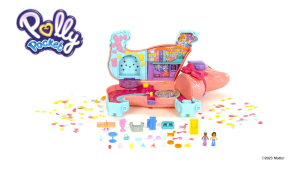 POLLY POCKET Dog Party - Roller Skate Birthday Party 2 Dolls 26 Accessories DJ Stand Roller Skating Rink Dance Floor Carry Handle
