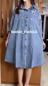DRESS JEANS JUMBO / TUNIK JUMBO BAHAN PREMIUM TIDAK KAKU BORDIR BUNGA LD 114
