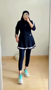 Setelan Olahraga Wanita: Lengan Panjang & Legging Rok Skirt