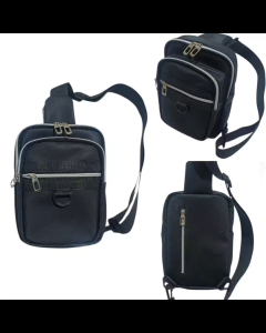 Mens black crossbody bag with multiple zippered compartments and adjustable strap.