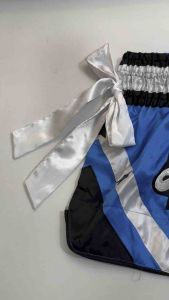 Ram Lumpini Satin Muay Thai Fight Shorts Light Blue with White Ribbons Large