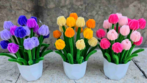 Bunga tulip mini kawat bulu potbunga hias