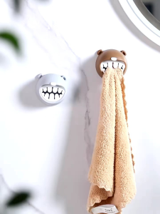OHHDEER Bear Towel Storage Rack Self Adhesive Towel Holder Hook Kitchen Dishcloth Rag Clip Organizer