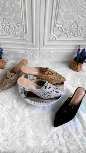 JN5353 SEPATU HIGH HEELS KULIT KANVAS + MUTIARA | SEPATU IMPORT 100%