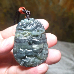 Nephrite greenish Qinghua Qilin (Kirin) Bat & Ancient Copper Coins pendant (with certificate) 和田玉绿青花麒麟蝙蝠铜钱吊坠(带证书) Chinese amulet charm jewelry gifts