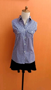 atasan kemeja wanita kotak biru putih GLORY cewek M kutung santai