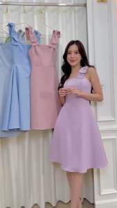 ชุดเดรส ชุดออกงาน ชูดราตรี F257 ผ้าโคโค กระโปรงบาน แท่งโบว์ที่ไหล่